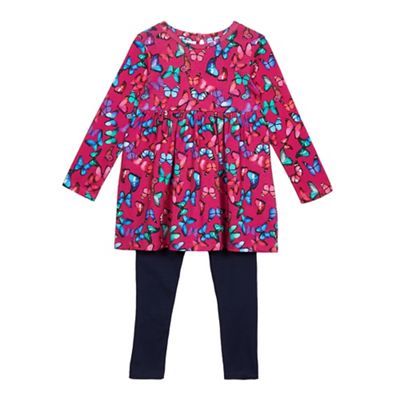 bluezoo Girls' pink and navy butterfly print tunic and leggings set